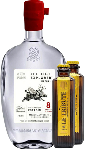 An image of a The Lost Explorer Mezcal Gift Box including two bottles of delicious Le Tribute Ginger Beers 200ml