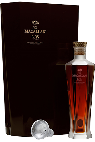 An image of a bottle of The Macallan No.6 Single Malt Whisky, bottled in a stunning Lalique Decanter and standing beside its beautiful closed gift box and crystal stopper.
