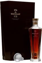 Load image into Gallery viewer, An image of a bottle of The Macallan No.6 Single Malt Whisky, bottled in a stunning Lalique Decanter and standing beside its beautiful closed gift box and crystal stopper.