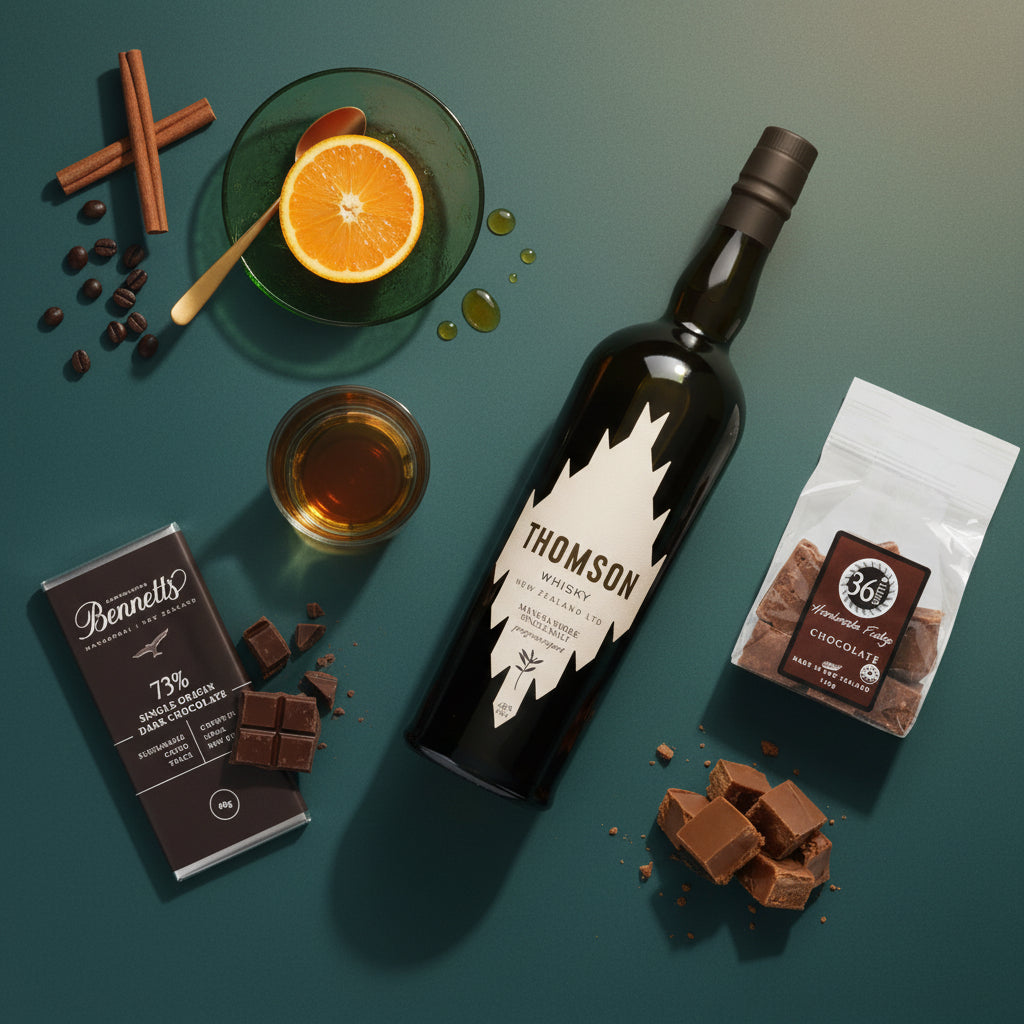Load image into Gallery viewer, A styled flat-lay of a dark bottle of Thomson Manuka Smoke Whisky with a bag of 36 Degrees chocolate fudge, fudge pieces and tea props on a teal background. Visible products include a Bennett's 73% dark chocolate bar, a chocolate pieces, and a glass of whisky neat, arranged with cinnamon sticks, coffee beans and an orange slice.