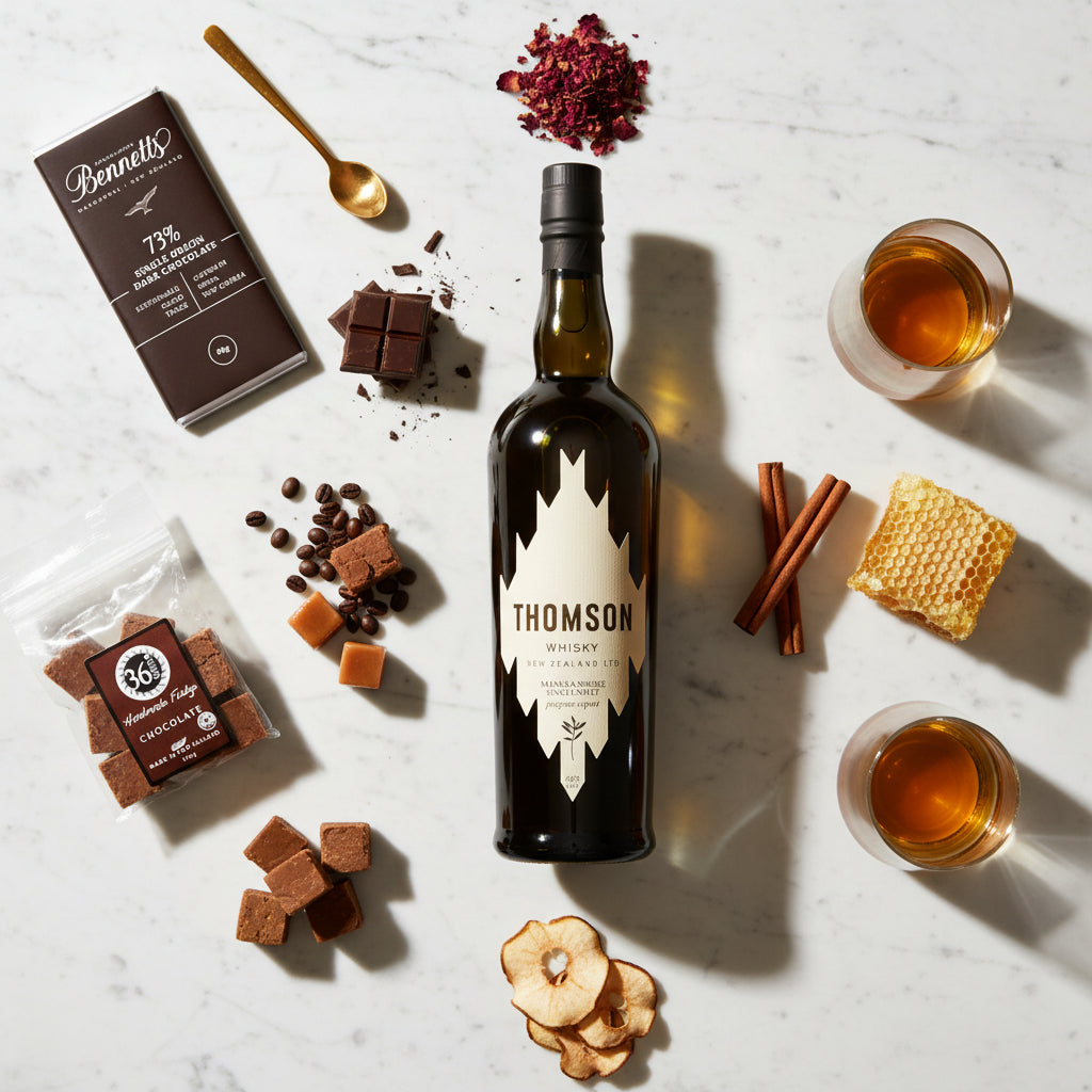 Load image into Gallery viewer, A bottle of Thomson Manuka Smoke Whisky is arranged on a white marble surface with a bag of 36 Degrees chocolate fudge, fudge pieces, tea, honey, cinnamon, dried fruit, and two glasses of whisky neat. A Bennett's chocolate bar and spoon are also visible around the bottle.