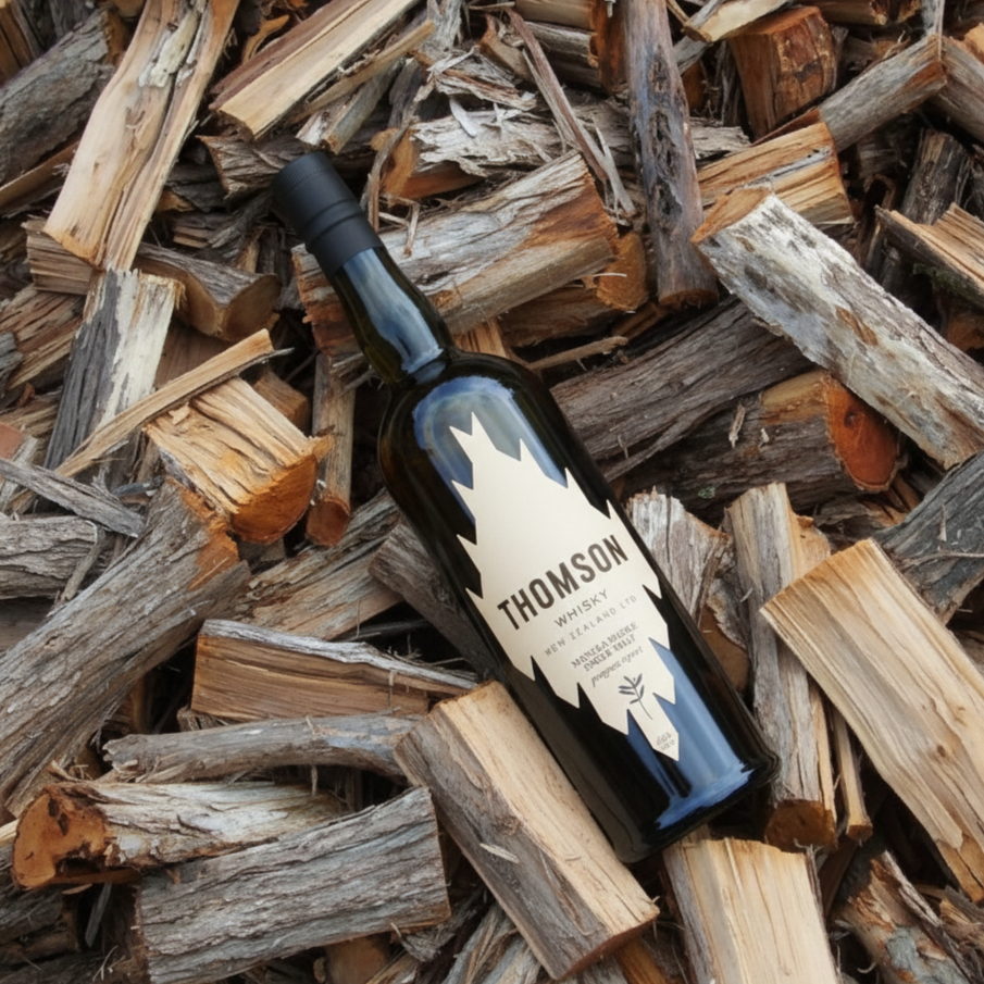 Thomson Manuka Whisky on a bed of wooden logs