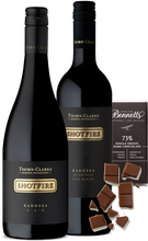 Load image into Gallery viewer, An image of the Thorn-Clarke Shotfire Red Wine Gift Box, including 2 bottles of delicious red wines and a bar of hand-made Bennetts Dark Chocolate