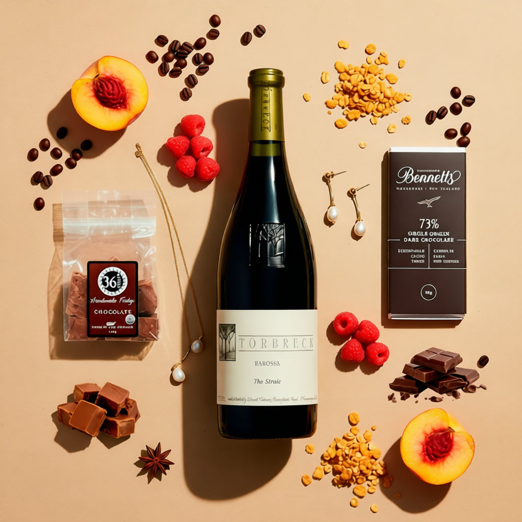 Load image into Gallery viewer, A bottle of Torbreck 'The Struie' Barossa Shiraz red wine is arranged on a beige background with chocolate, raspberries, peaches, nuts, a packet of 36 Degrees chocolate fudge and a bar of Bennett's 73% Dark Chocolate. The bottle has a cream label with black text, and the surrounding food items are styled as ingredients or flavour pairings.