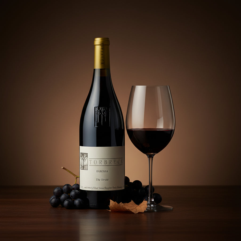 Torbreck-Struie-Barossa-Shiraz wine bottle with gold cap and label, accompanied by a glass of red wine and grapes on a wooden surface.