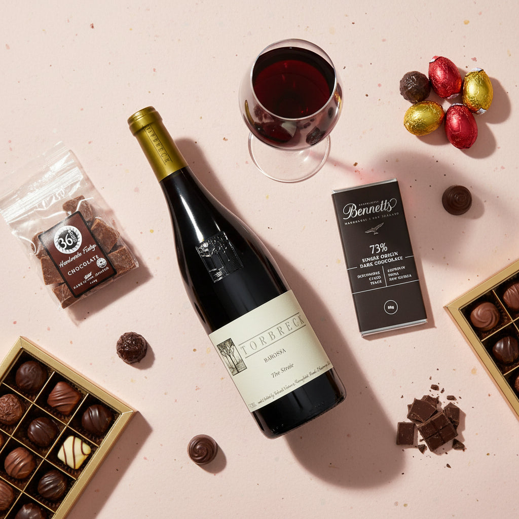 Load image into Gallery viewer, A styled flat-lay featuring a bottle of Torbreck 'The Struie' Barossa Shiraz red wine, a glass of red wine, a box of Bennett's 73% dark chocolate, a bag of 36 Degrees chocolate fudge, and boxes of assorted chocolates on a light pink background.