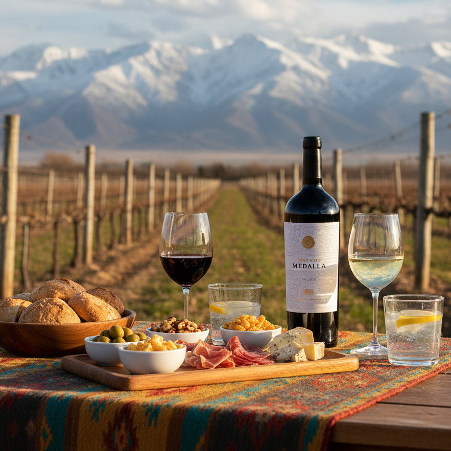 Load image into Gallery viewer, Table with wine, snacks, and a bottle of Trapiche Medalla Malbec wine in a vineyard with mountains in the background