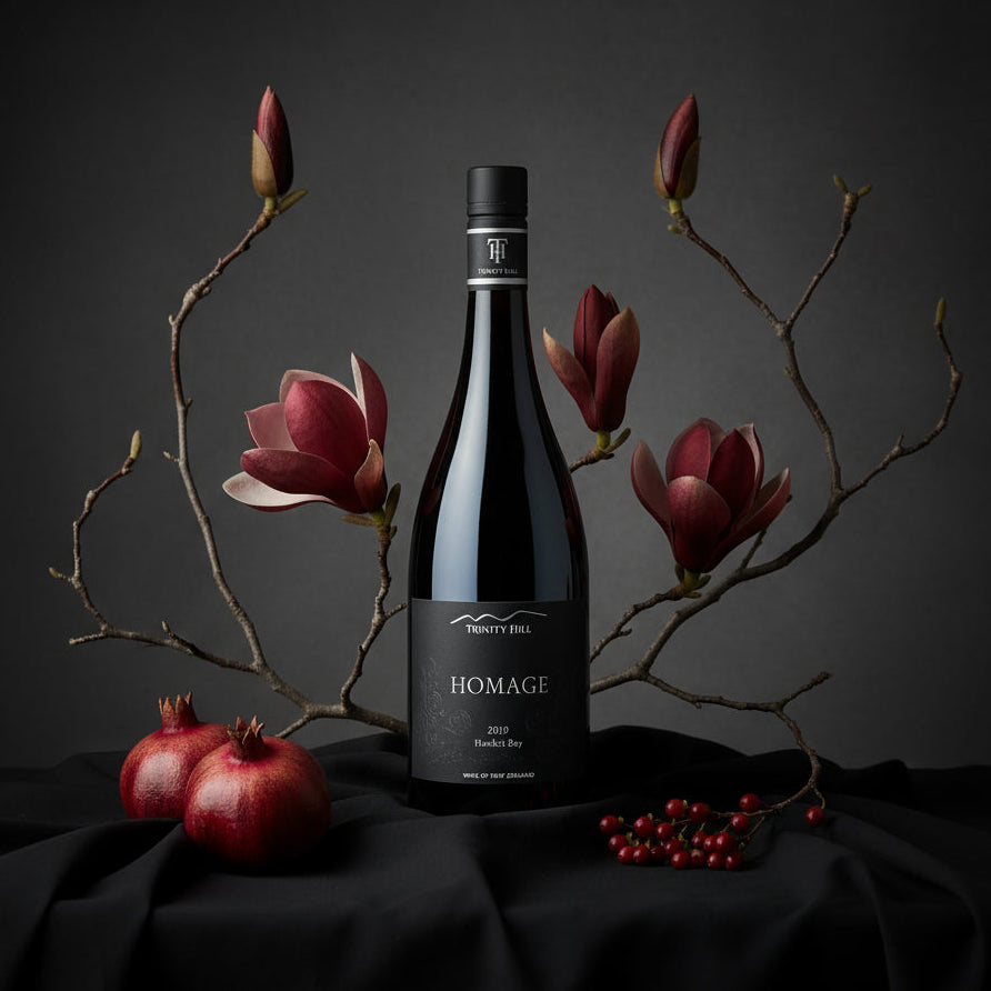 Trinity Hill Homage Syrah wine bottle with flowers and pomegranates on a dark background