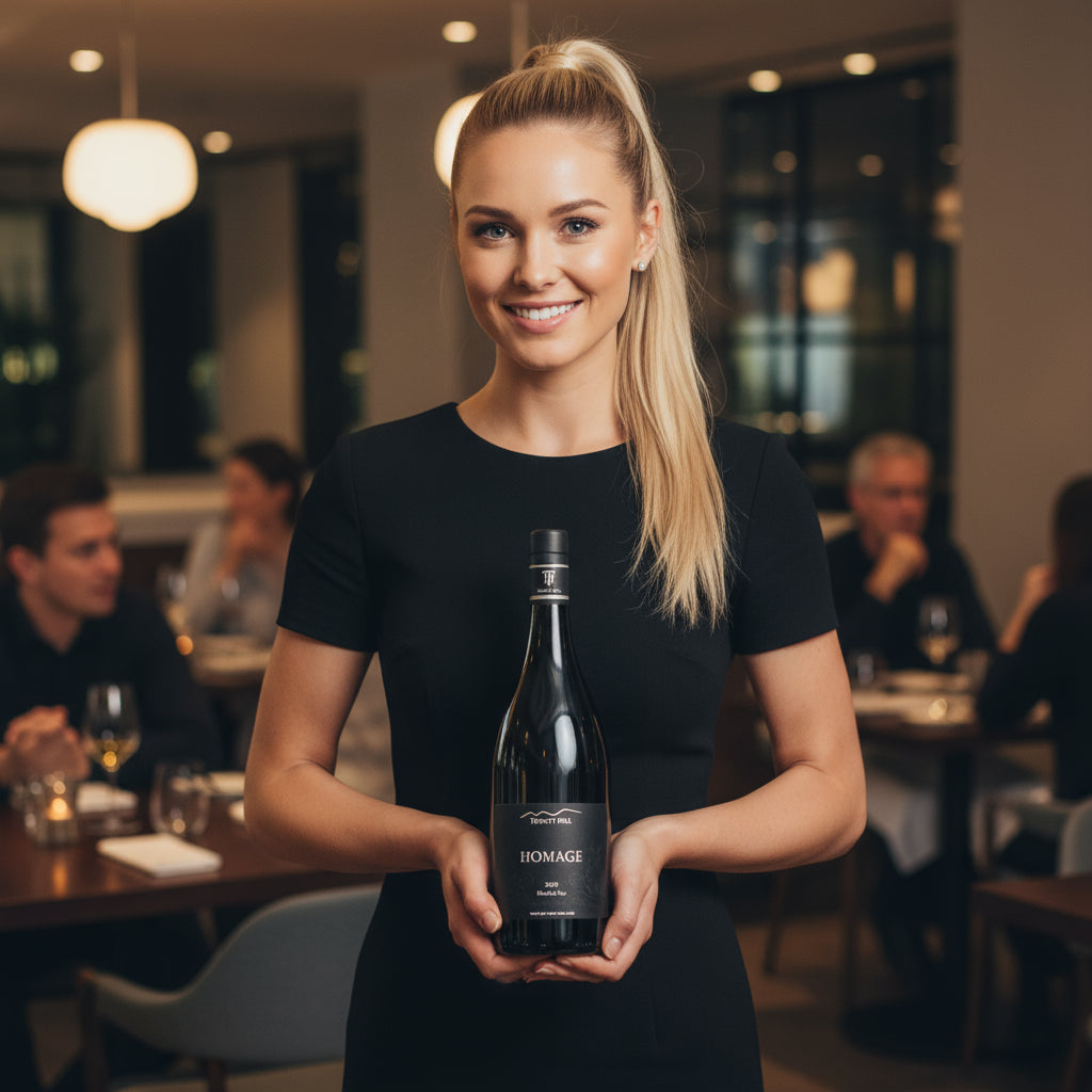 Load image into Gallery viewer, Woman holding a bottle of Trinity Hill Homage Syrah wine in a restaurant setting