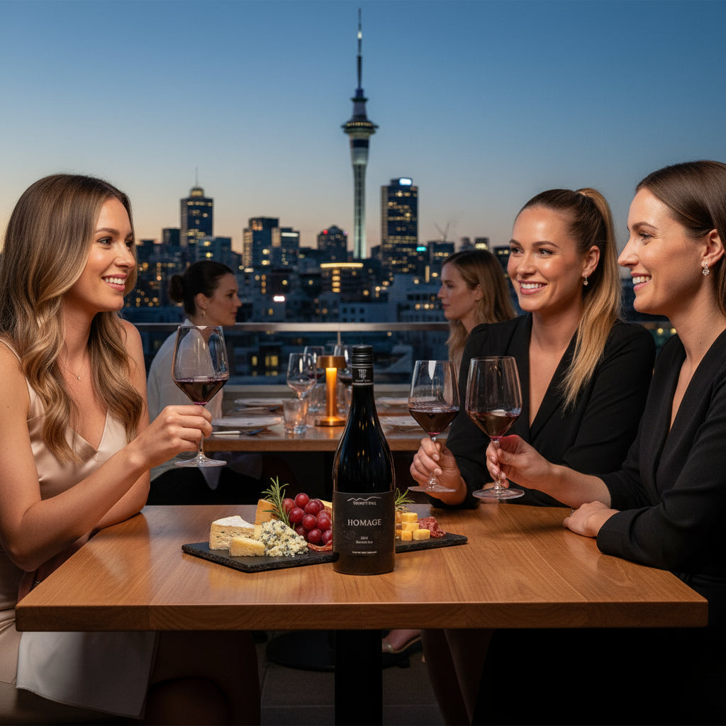 Three women enjoying Trinity Hill Homage Syrah wine and cheese on a rooftop with a city skyline in the background