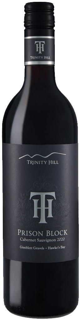 A bottle of Trinity Hill 'Prison Block' Cabernet Sauvignon with a dark label featuring a white 'T' and 'Trinity Hill' text, against a plain background.