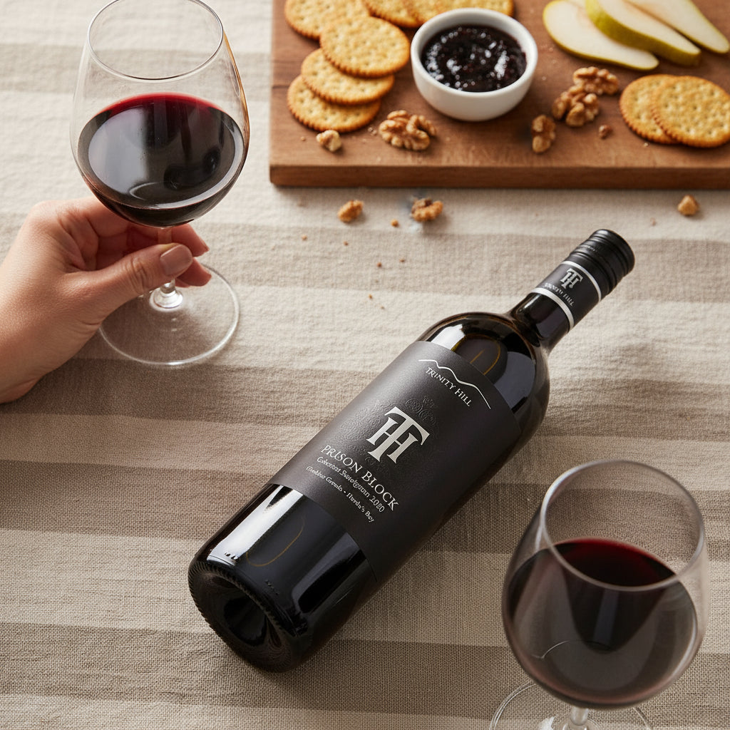 Bottle of Trinity Hill Prison Block Cabernet Sauvignon wine with two glasses and a snack platter on a table.