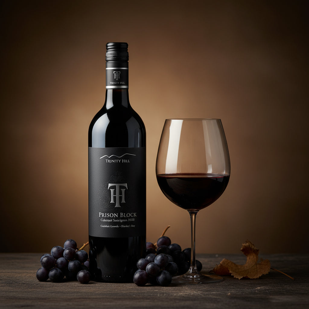 Bottle of Trinity Hill Prison Block Cabernet Sauvignon wine with a glass and grapes on a wooden surface.