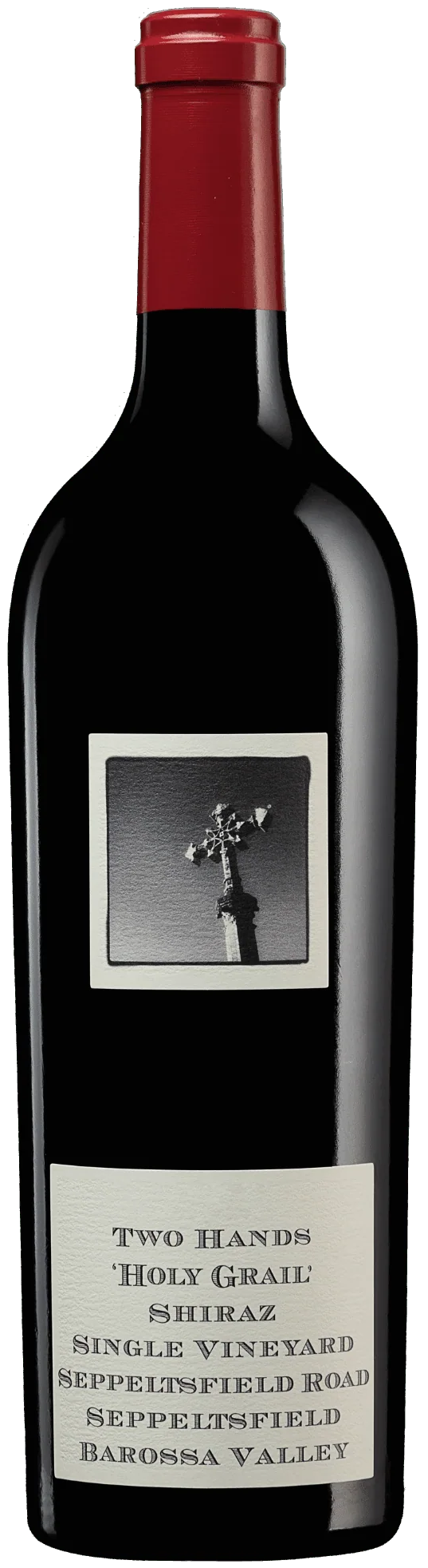 Load image into Gallery viewer, Two Hands Holy Grail Shiraz Seppeltsfield Road red wine bottle with a label featuring a black and white photograph of a cross.