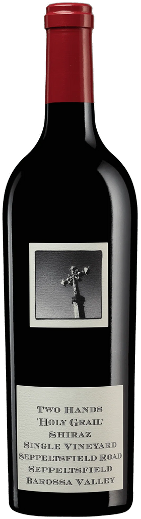Two Hands Holy Grail Shiraz Seppeltsfield Road red wine bottle with a label featuring a black and white photograph of a cross.
