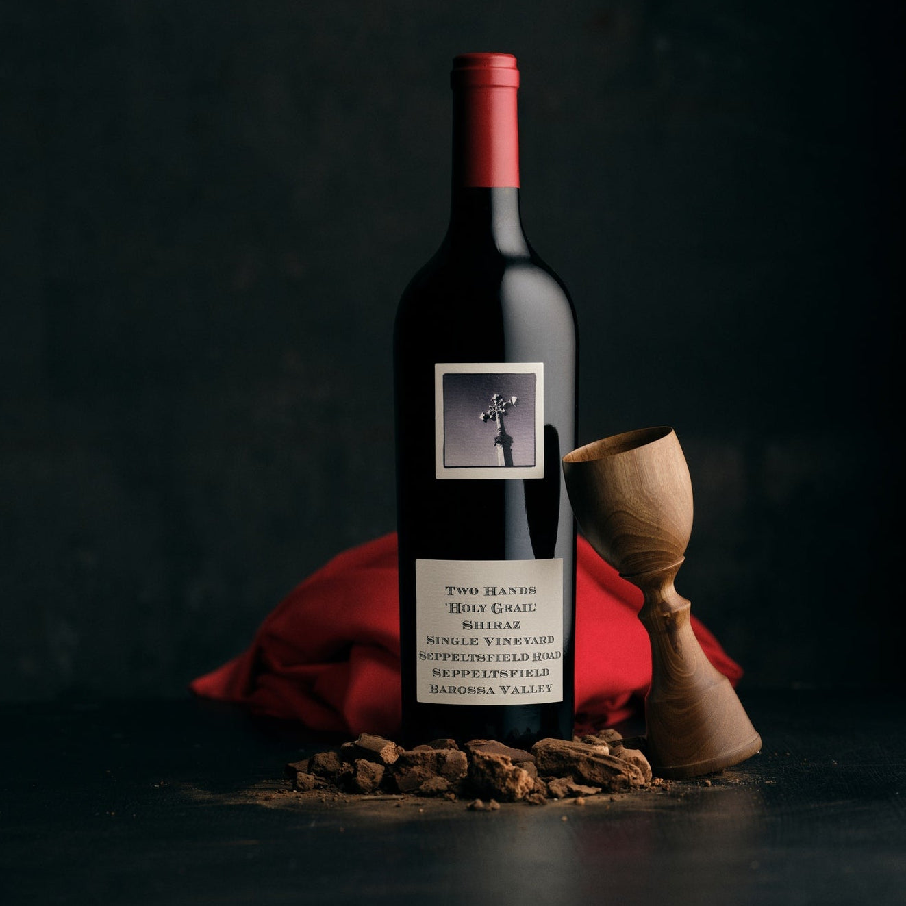 Load image into Gallery viewer, Two Hands Holy Grail Shiraz Seppeltsfield Road red wine bottle with a label on a dark background