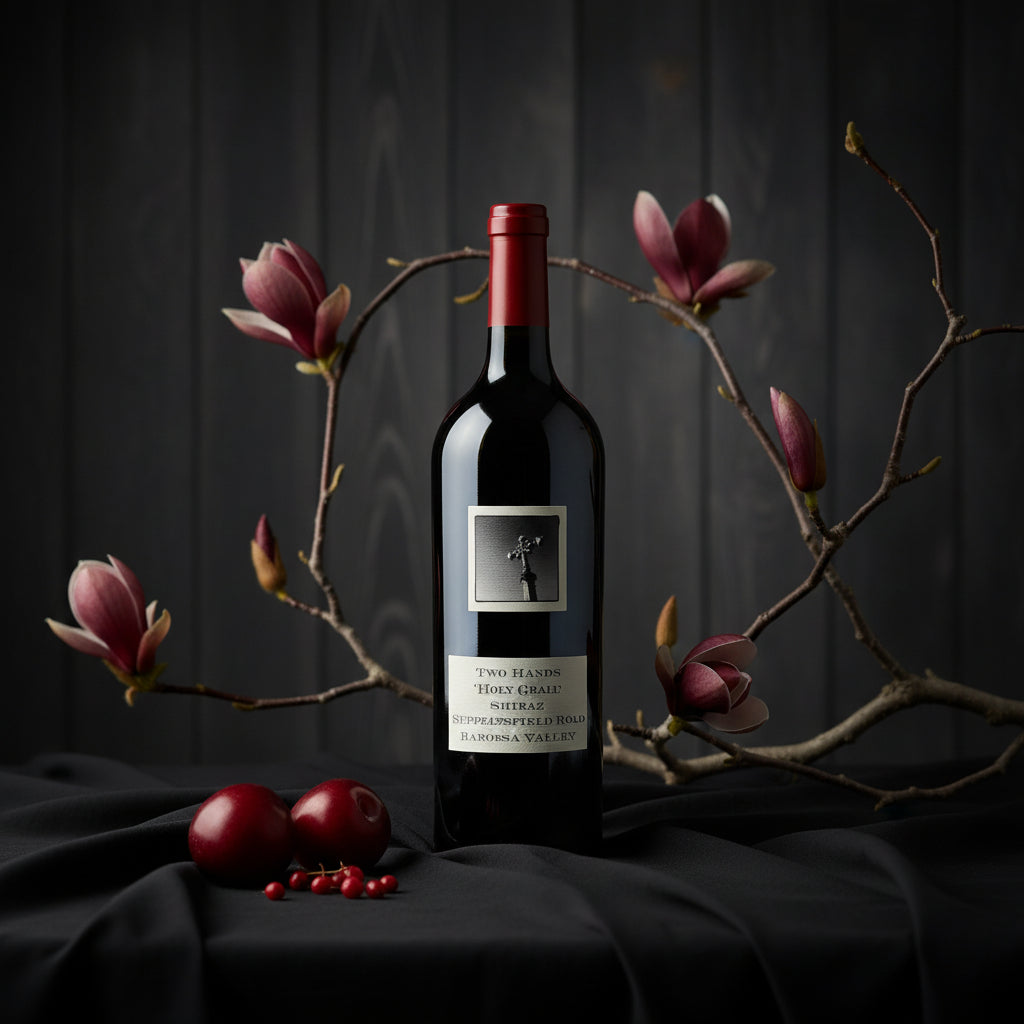 Load image into Gallery viewer, Two Hands Holy Grail Shiraz Seppeltsfield Road red wine bottle with a label surrounded by magnolia branches and fruits on a dark background