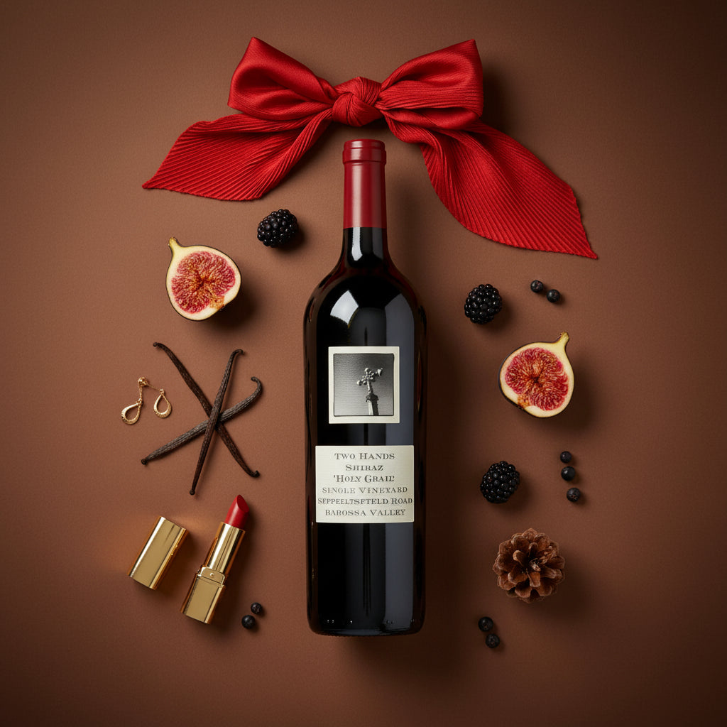 Load image into Gallery viewer, Two Hands Holy Grail Shiraz Seppeltsfield Road red wine bottle with decorative elements on a brown background
