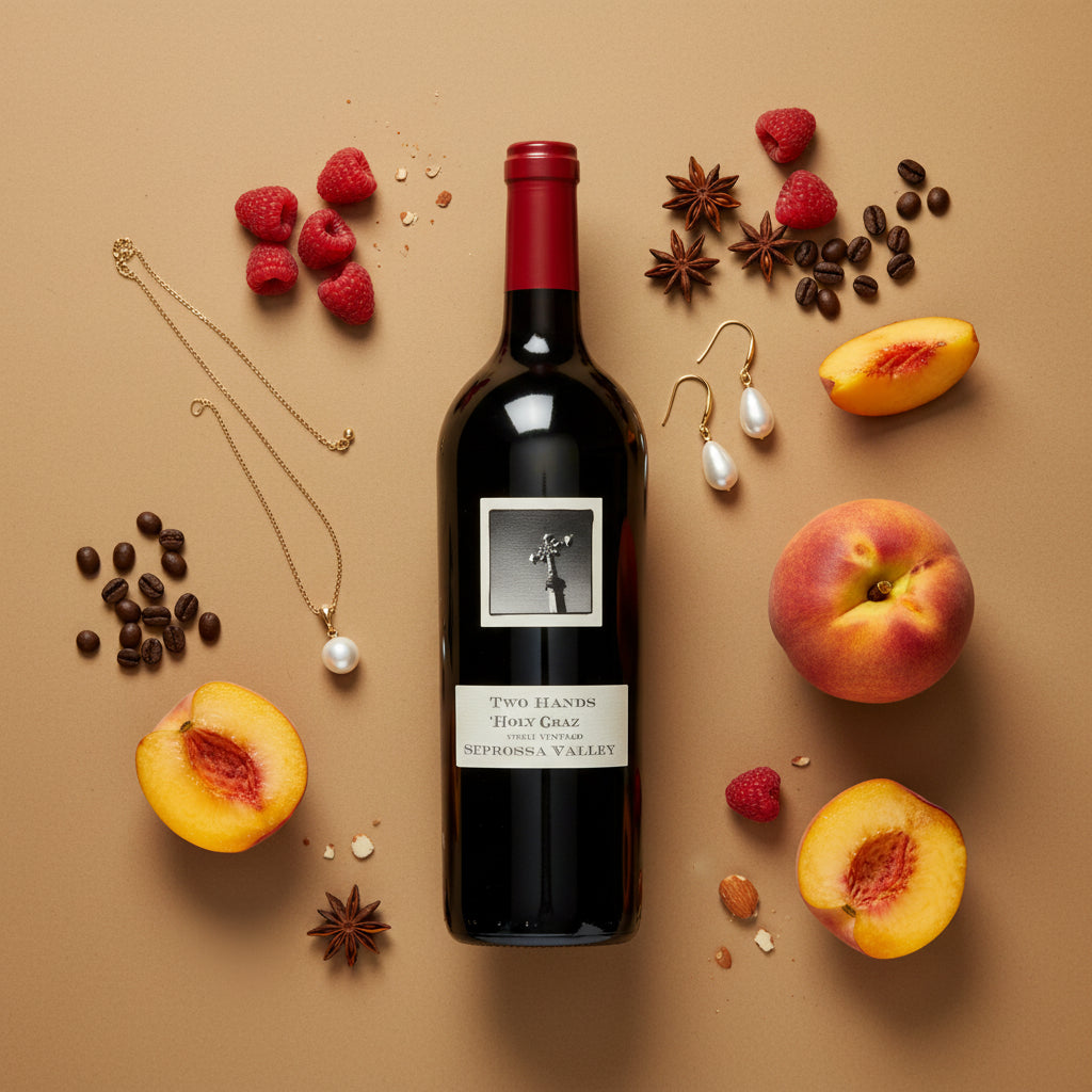 Load image into Gallery viewer, Two Hands Holy Grail Shiraz Seppeltsfield Road red  wine bottle with peaches, raspberries, and coffee beans on a brown background