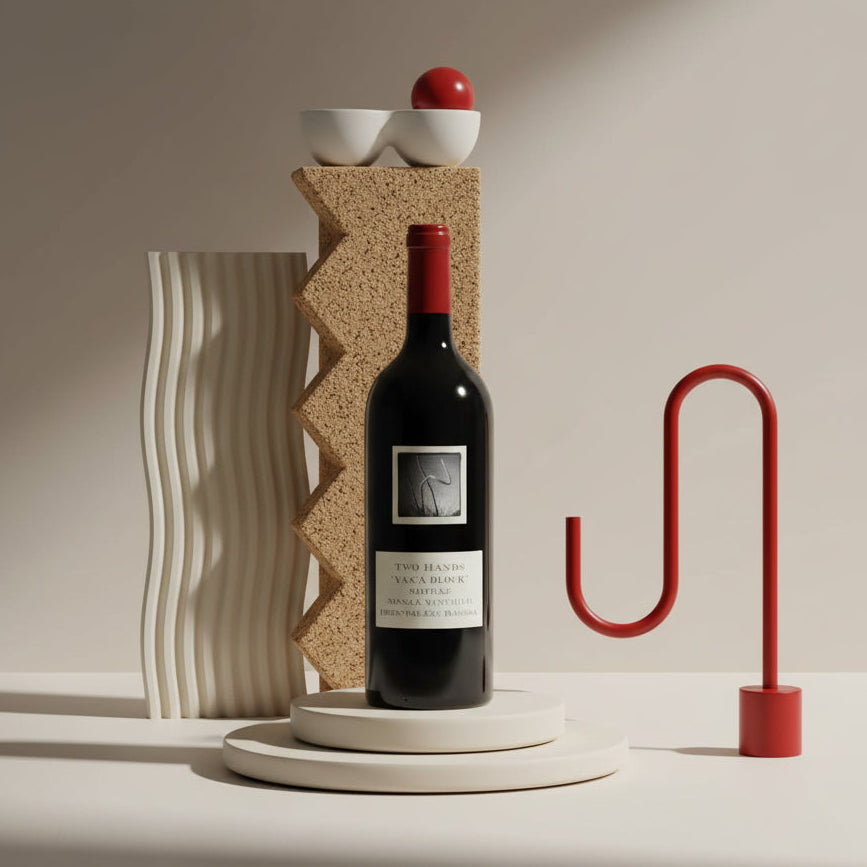 Load image into Gallery viewer, Two Hands Yacca Block Shiraz red wine bottle on a white surface with decorative elements