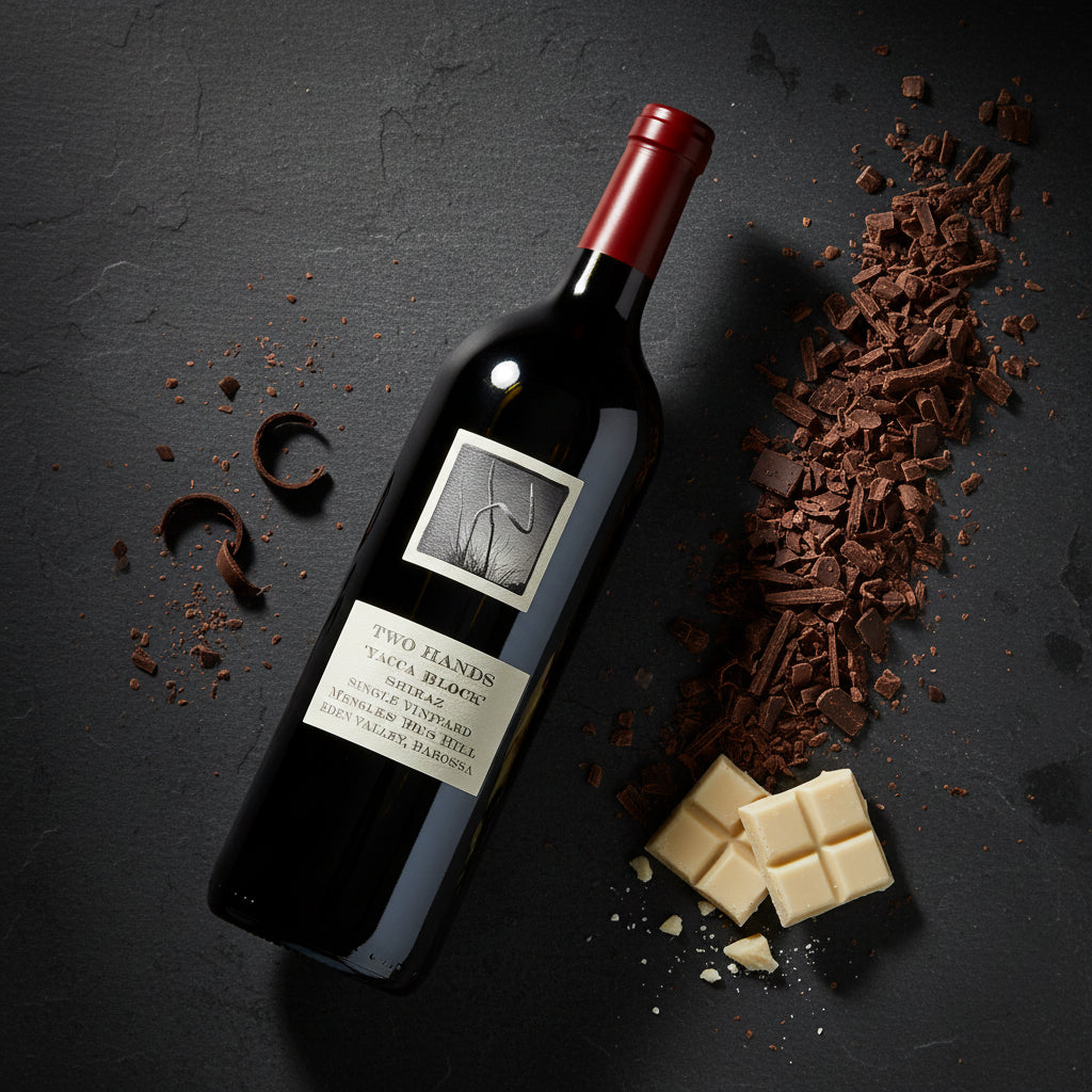Load image into Gallery viewer, Two Hands Yacca Block Shiraz red wine bottle with chocolate and white chocolate on a dark surface
