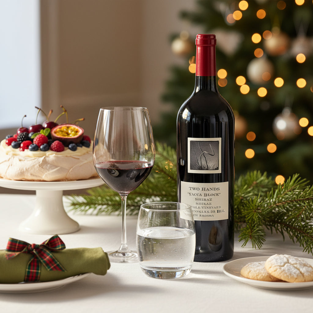 Load image into Gallery viewer, Bottle of Two Hands Yacca Block Shiraz red wine, glass with wine, and dessert on a table with a Christmas tree in the background.