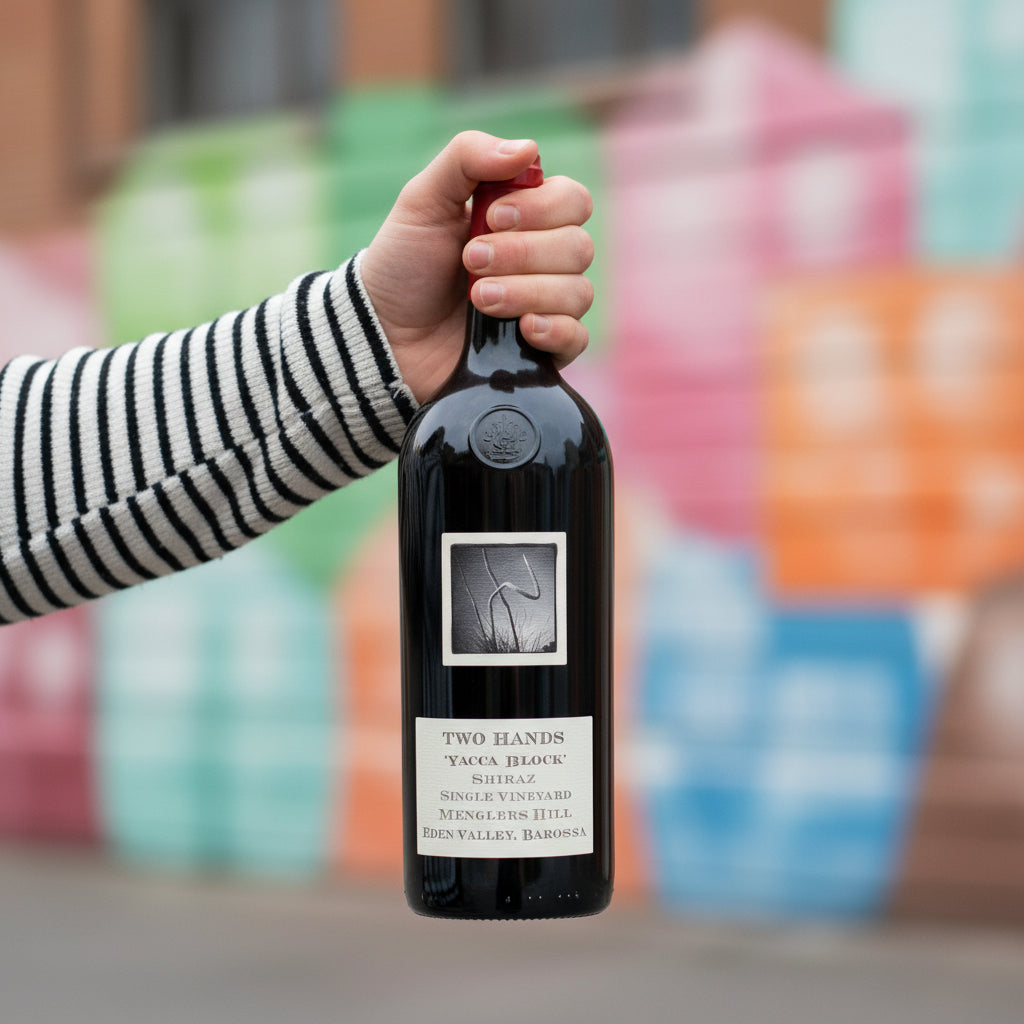 Load image into Gallery viewer, Person holding a bottle of Two Hands Yacca Block Shiraz red wine with a colourful blurred background