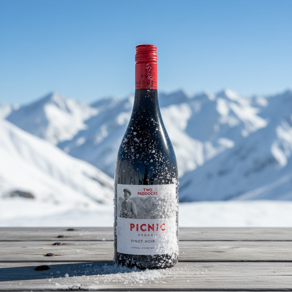 Load image into Gallery viewer, Bottle of Two Paddocks Picnic Pinot Noir with a snowy mountain backdrop