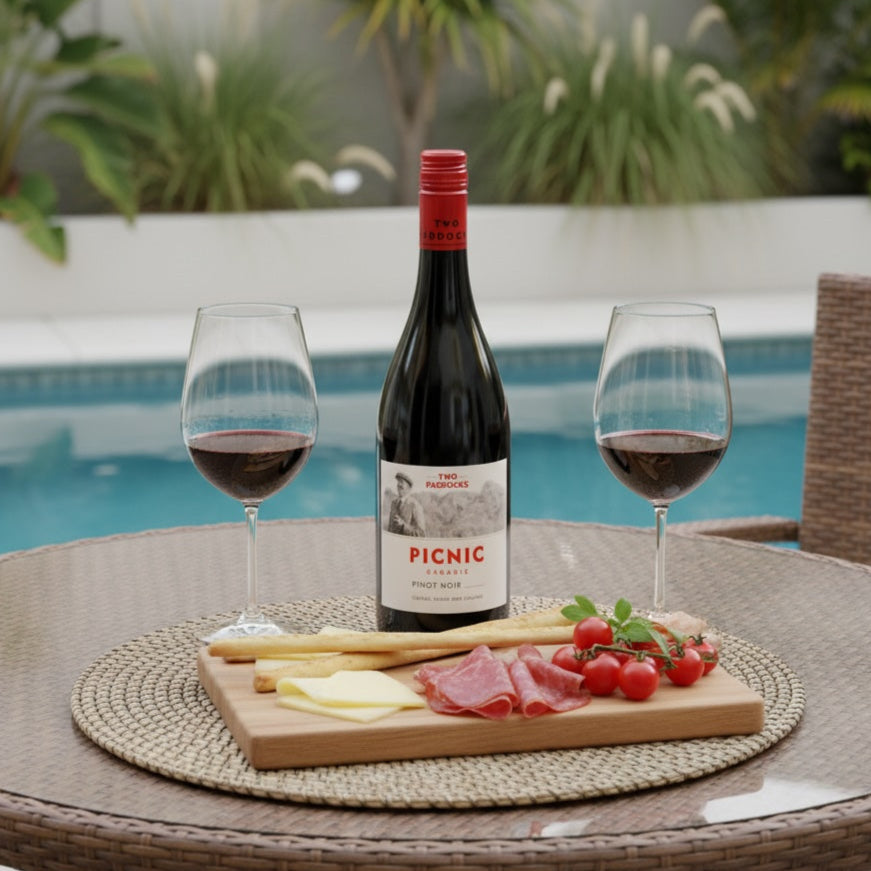 Two Paddocks Picnic Pinot Noir wine bottle with two glasses and a charcuterie board by a poolside