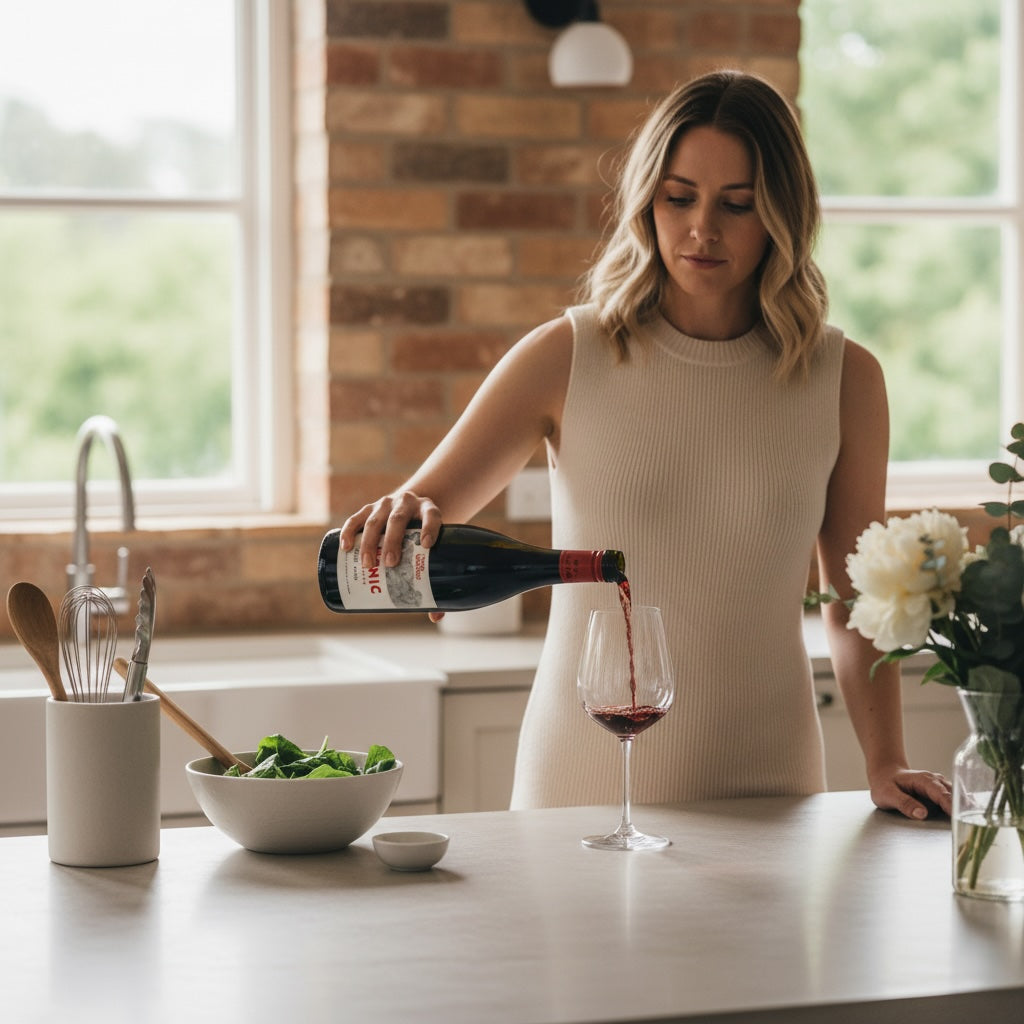 Load image into Gallery viewer, Woman pouring a Two Paddocks Picnic Pinot Noir wine into a glass in a kitchen.