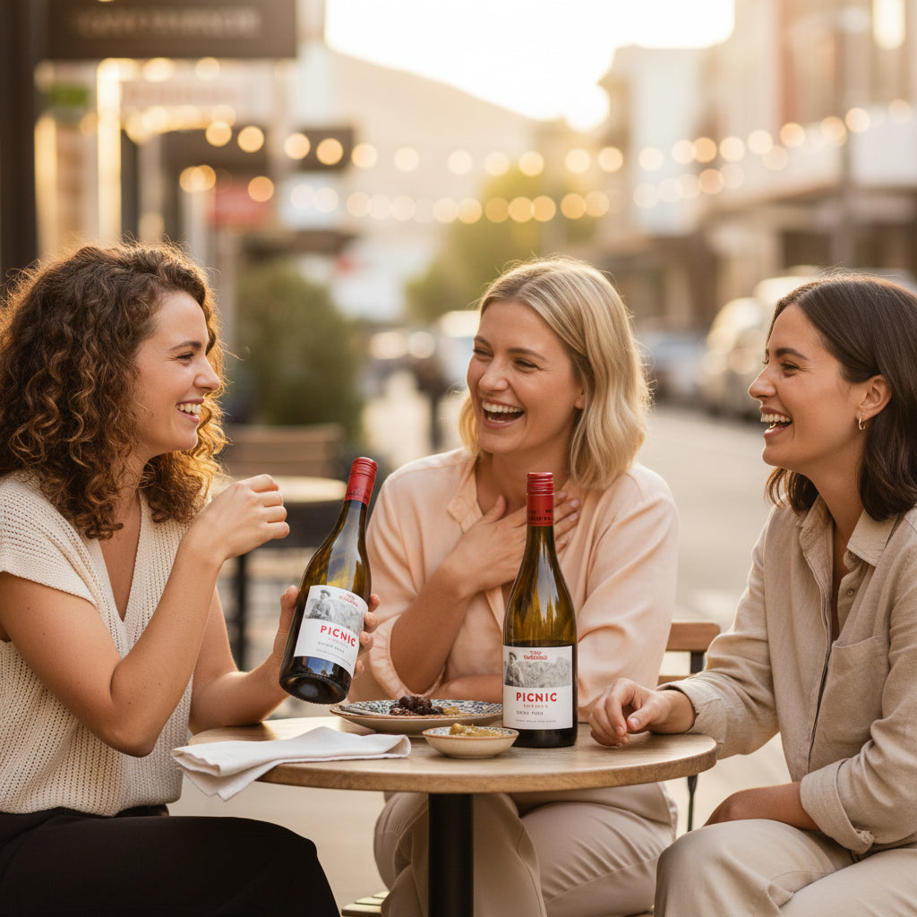 Three women enjoying a wine with Picnic wine bottles in an urban setting.