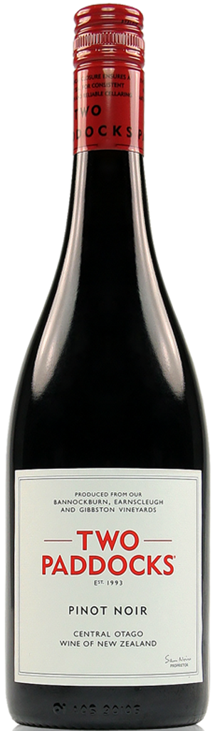 A bottle of Two Paddocks Pinot Noir with a red label and a screwcap closure.