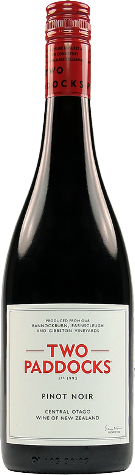 Load image into Gallery viewer, Two Paddocks Pinot Noir wine bottle with red cap and label on a white background