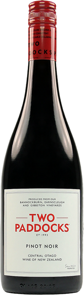 Two Paddocks Pinot Noir wine bottle with red cap and label on a white background