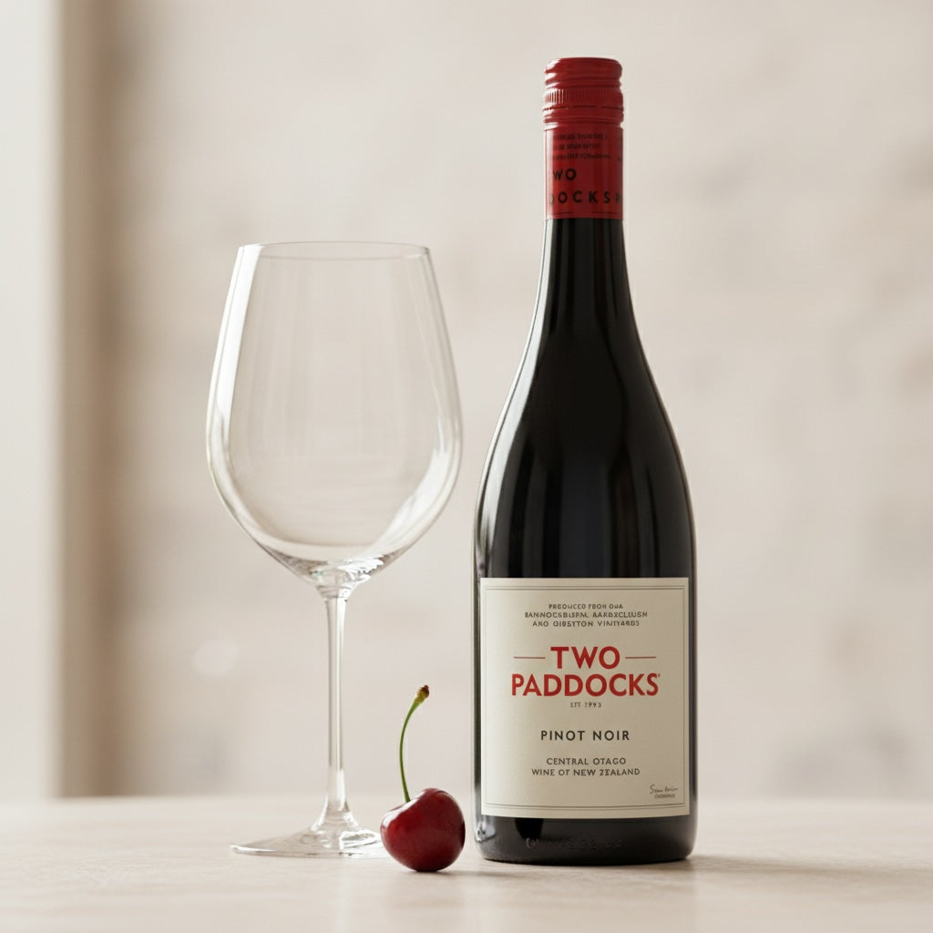Bottle of Two Paddocks Pinot Noir with a wine glass and cherry on a neutral background