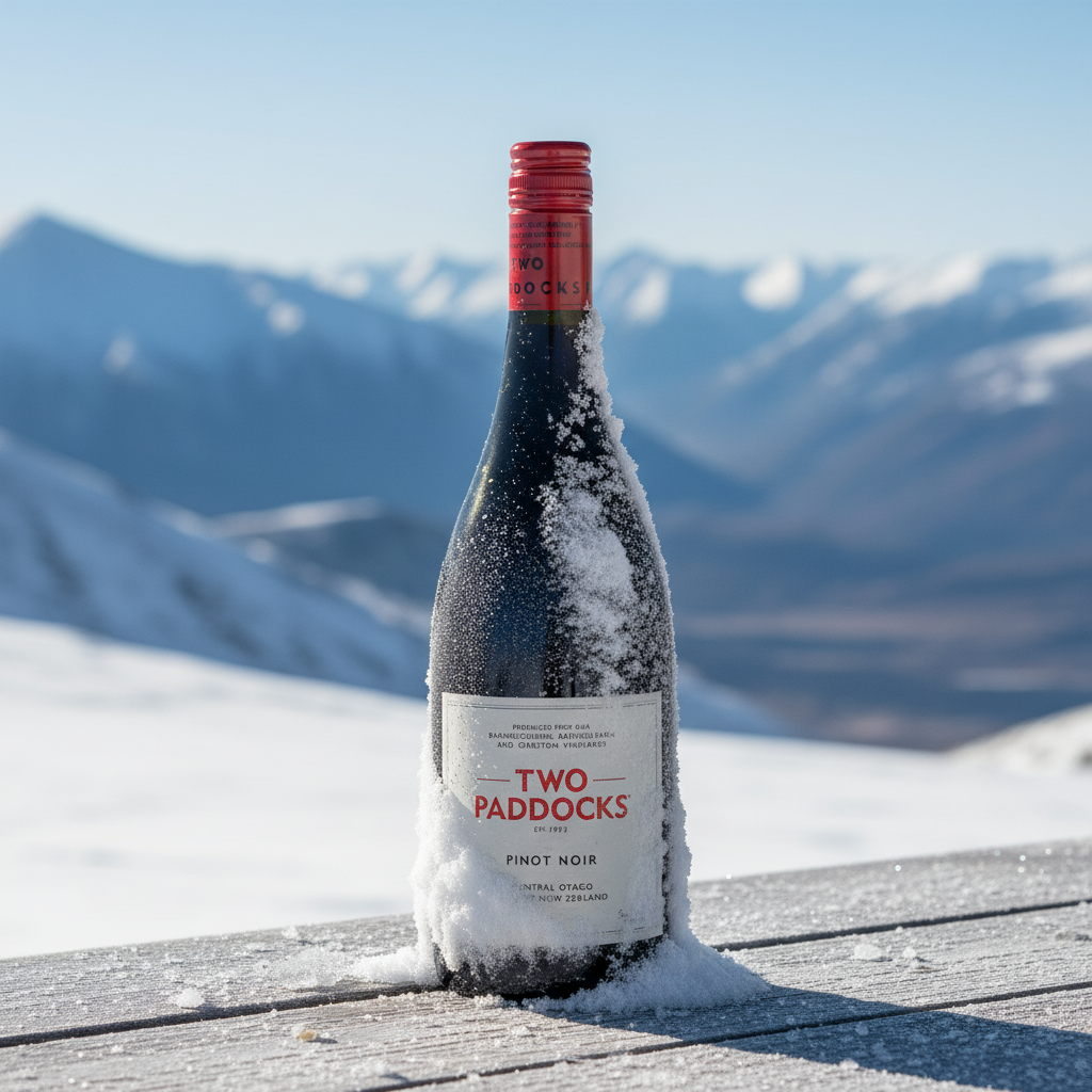 Load image into Gallery viewer, Bottle of Two Paddocks Pinot Noir wine with snow on it, set against a mountainous landscape.
