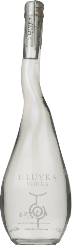 A clear glass bottle of U'Luvka Vodka with a silver foil-wrapped neck and white lettering on the front, isolated on a white background.