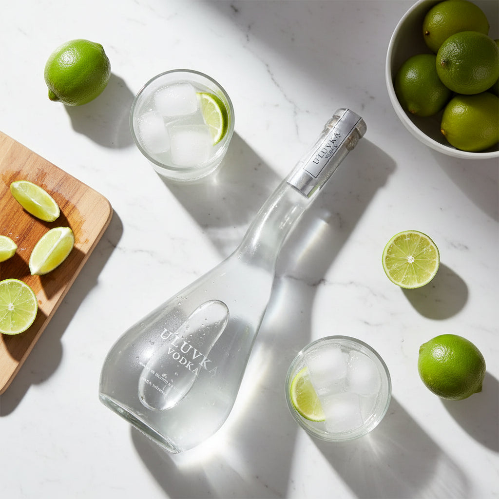 Load image into Gallery viewer, A clear glass bottle of U'Luvka Vodka lies on a white marble surface, surrounded by limes, two glasses with ice, and a bowl of limes. The bottle has a silver foil seal and visible U'Luvka Vodka branding.