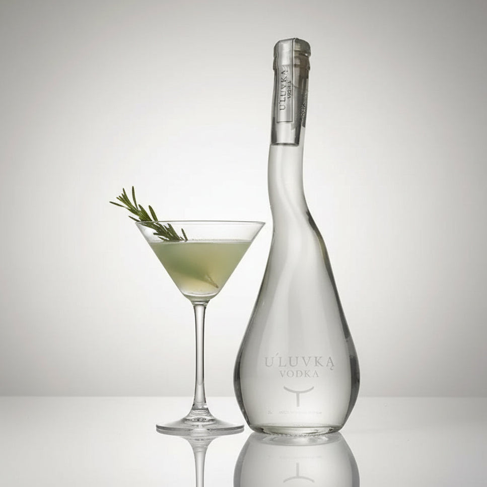 Load image into Gallery viewer, A clear glass bottle of U'Luvka Vodka stands beside a martini glass filled with a pale green cocktail and a rosemary sprig, on a light gray reflective studio surface.