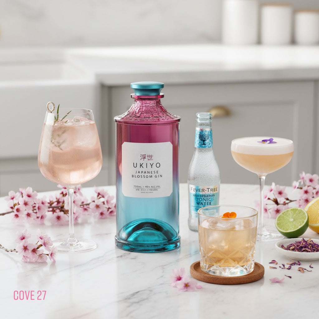 Load image into Gallery viewer, Bottles of Ukiyo Japanese Blossom Gin and Fever-Tree Tonic Water on a marble surface with cocktails and flowers.