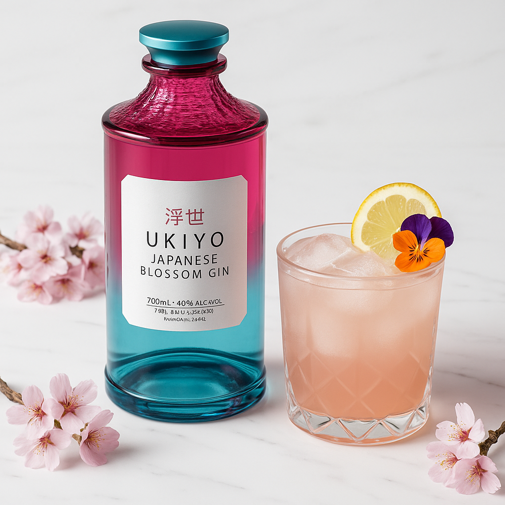 Load image into Gallery viewer, Bottle of Ukiyo Japanese Blossom Gin with a cocktail and cherry blossoms on a light background