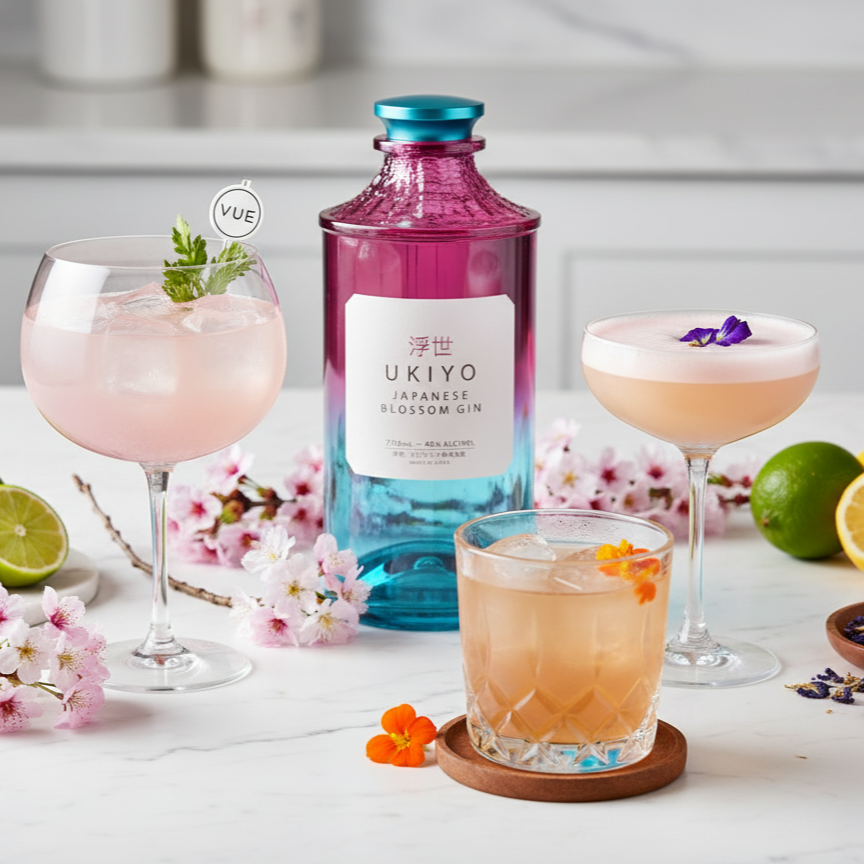 Cocktails and a bottle of Ukiyo gin on a table with garnishes and flowers.