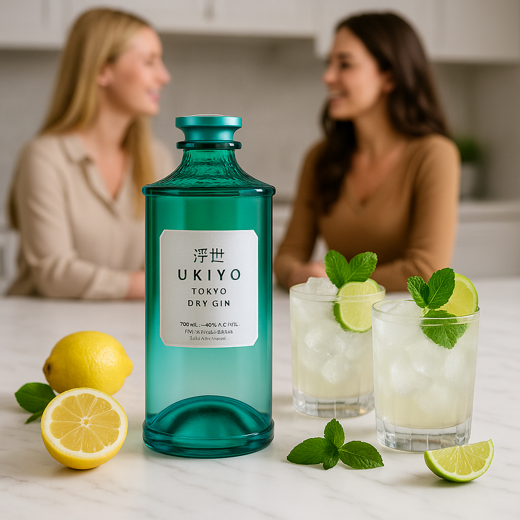 Ukiyo Tokyo Dry Gin bottle with cocktails and lemons on a kitchen counter