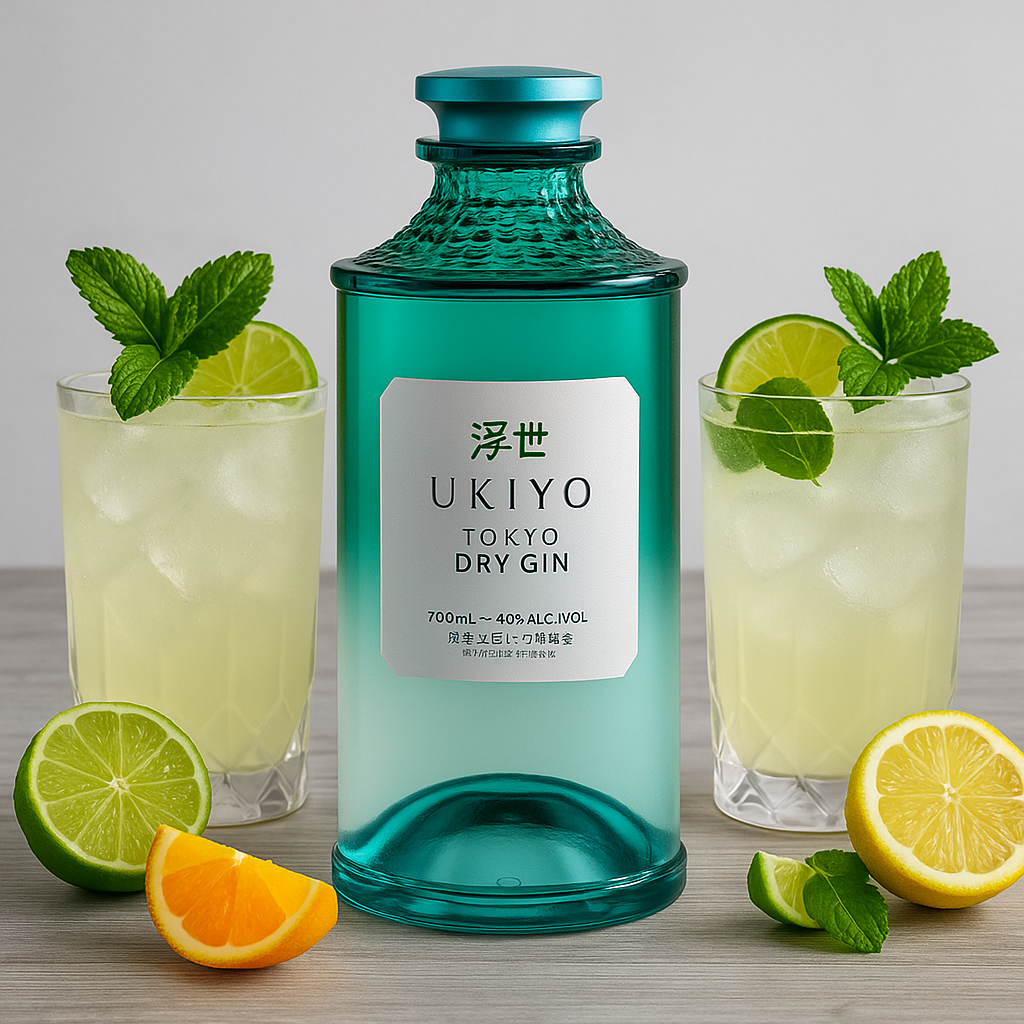 Ukiyo Tokyo Dry Gin bottle with two cocktails and garnishes on a wooden surface.