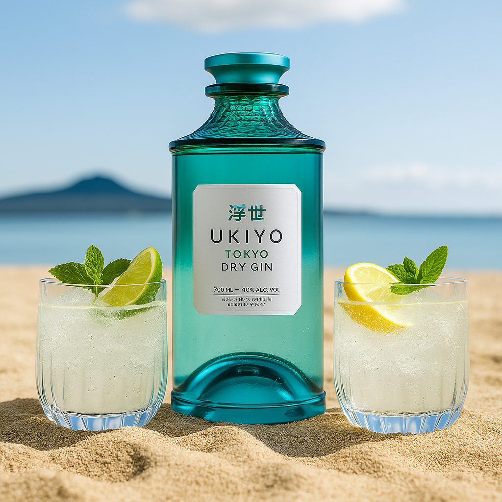 Ukiyo Tokyo Dry Gin bottle with two glasses of gin and tonic on a beach.