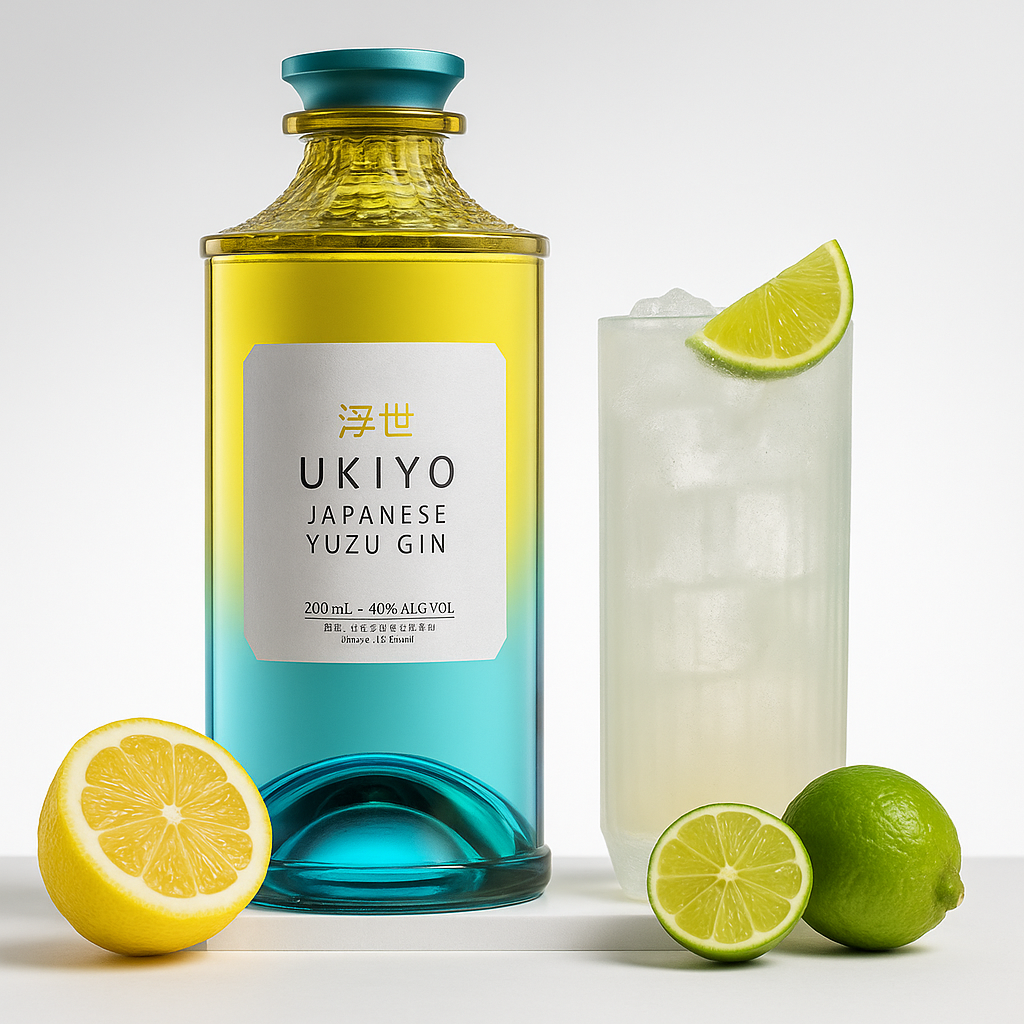 Bottle of Ukiyo Japanese Yuzu Gin with a cocktail and citrus fruits on a white background