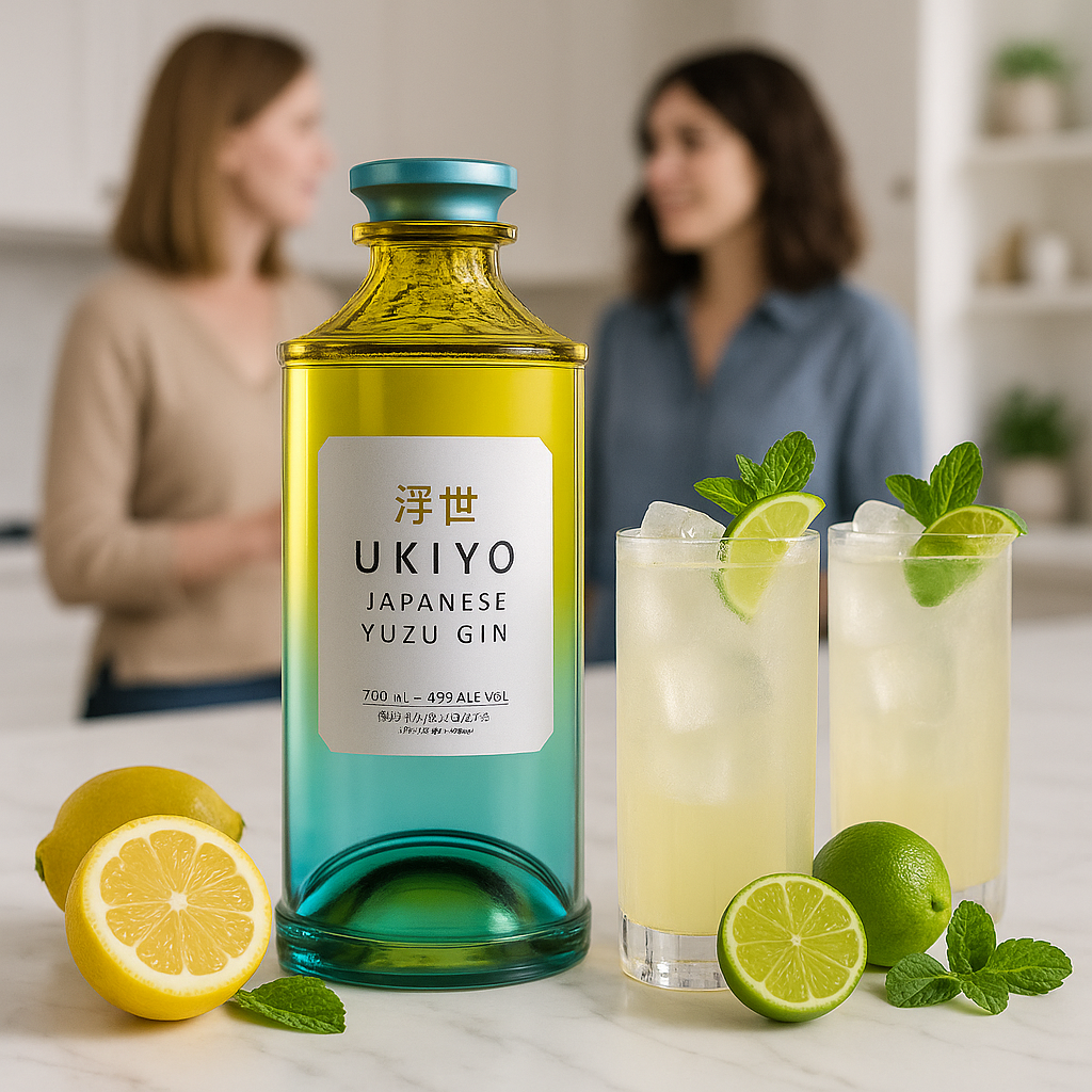 Load image into Gallery viewer, Bottle of Ukiyo Japanese Yuzu Gin with two cocktails and garnishes on a marble surface.