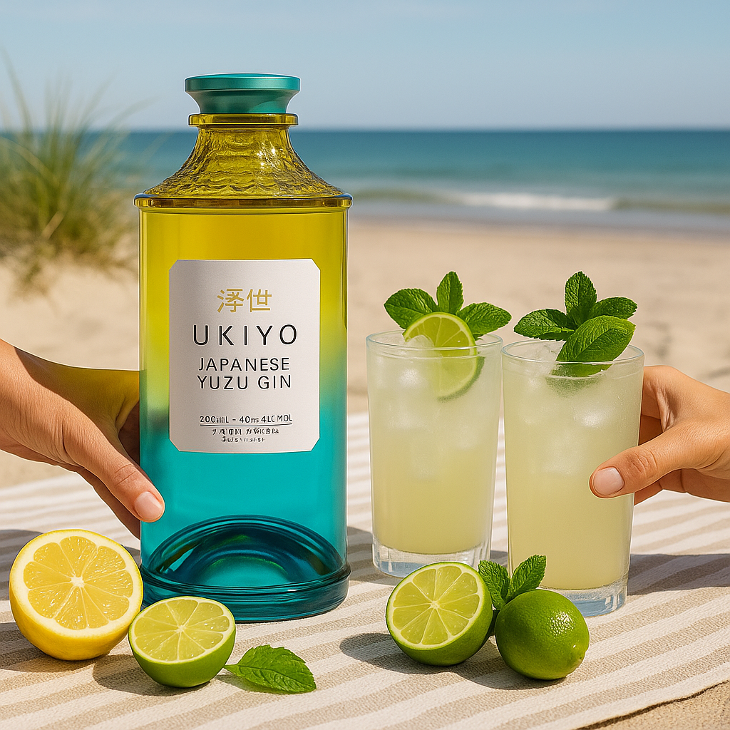 Load image into Gallery viewer, Ukiyo Japanese Yuzu Gin bottle with two gin and tonics on a beach.