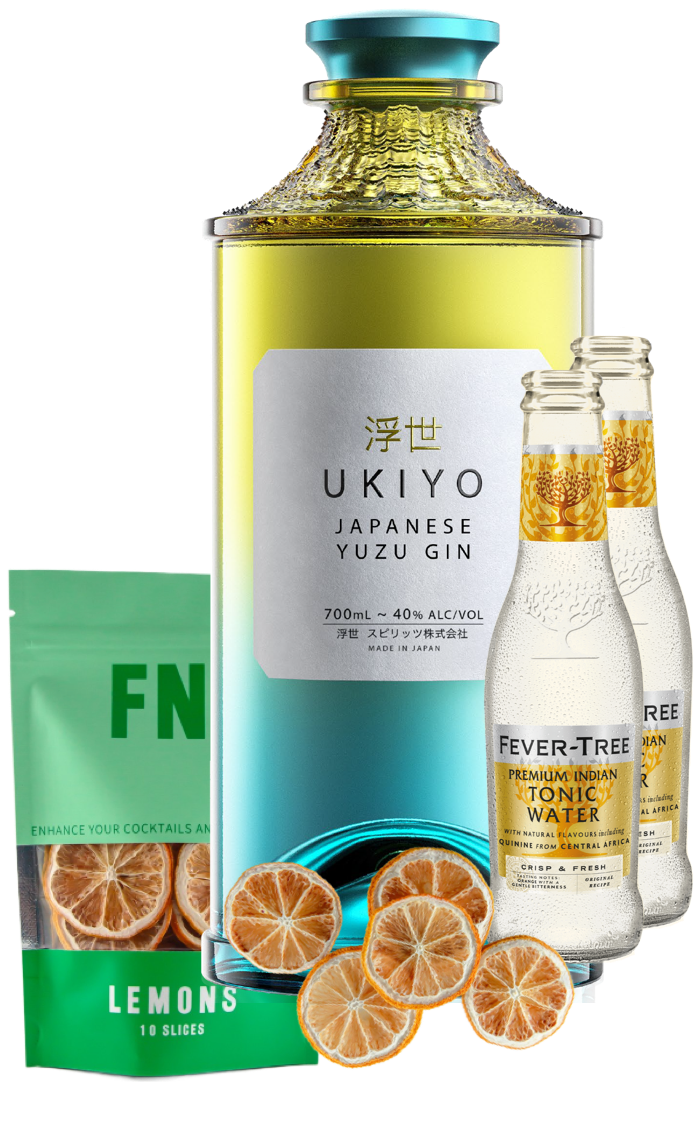 An image of a UKIYO Japanese Yuzu Gin Gift Box including 2 bottles of fever-tree indian tonic waters, a pouch of Lemon slices garnish and a stylish tumbler glass