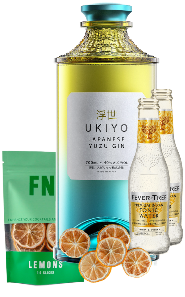 An image of a UKIYO Japanese Yuzu Gin Gift Box including 2 bottles of fever-tree indian tonic waters, a pouch of Lemon slices garnish and a stylish tumbler glass